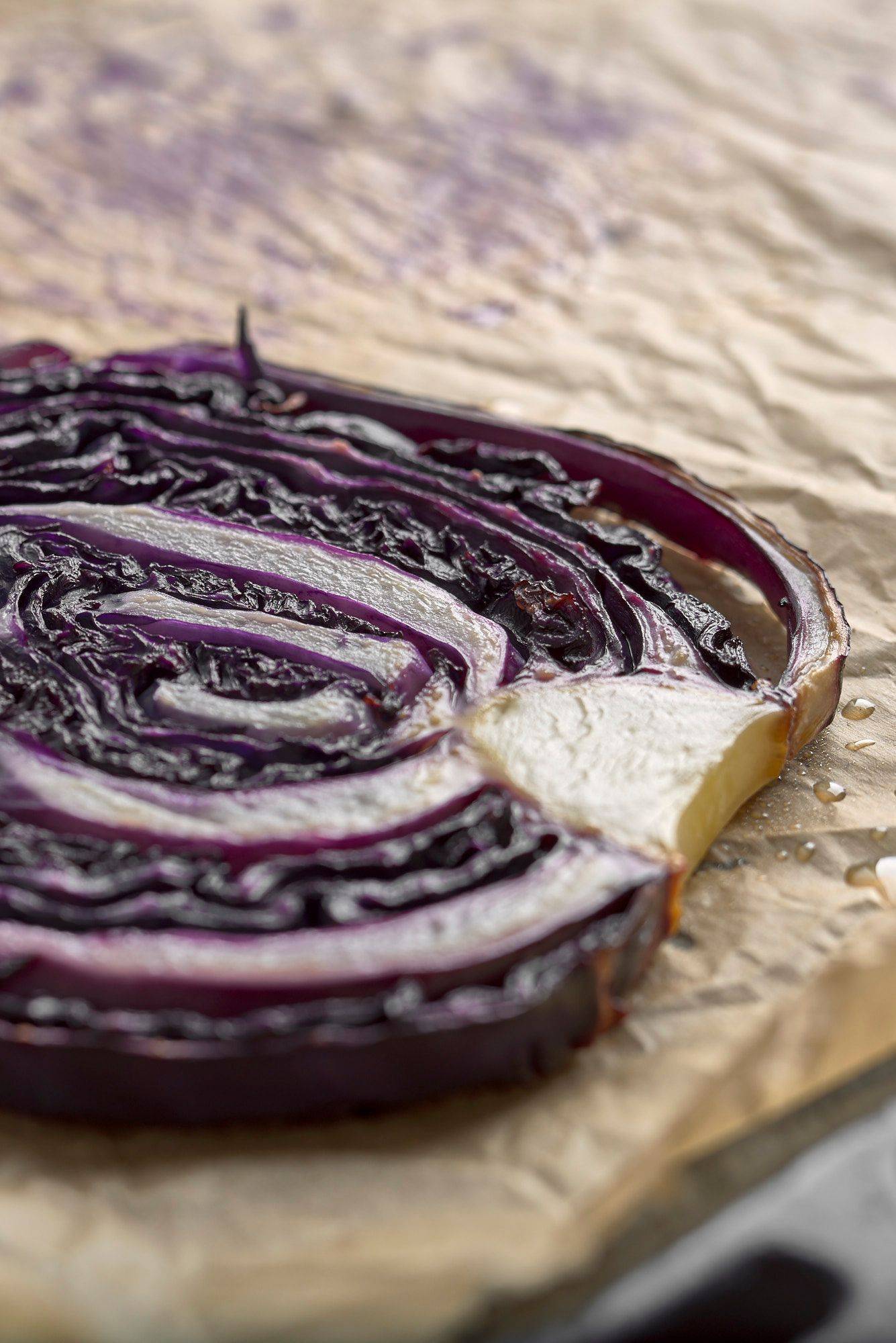 oven roasted red cabbage on a baking sheet