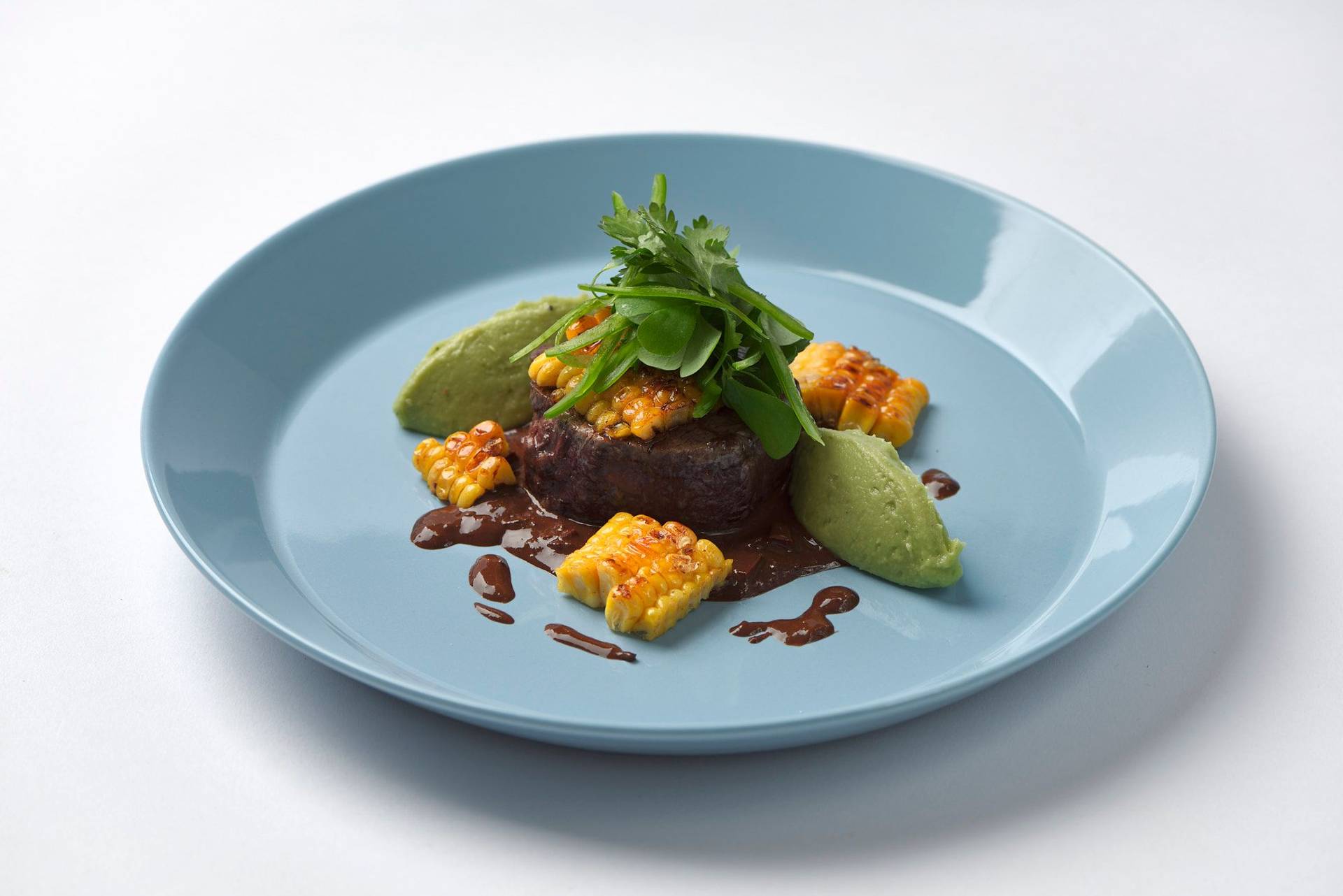 beef steak with dark beer mole sauce corn and guacamole on a blue plate with white background