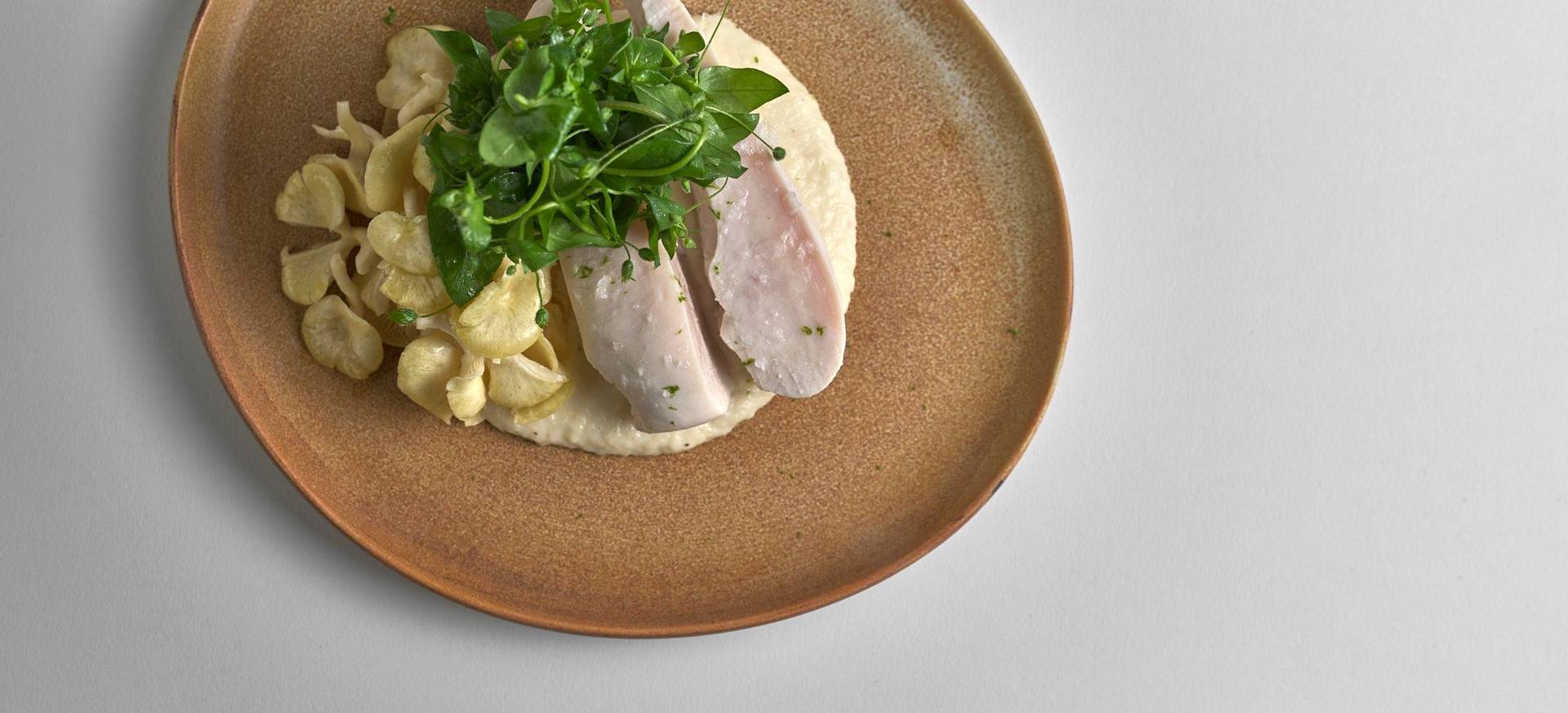 Coconut Poached Chicken with Black Salsify, Chickweed & Lemon Mushrooms 