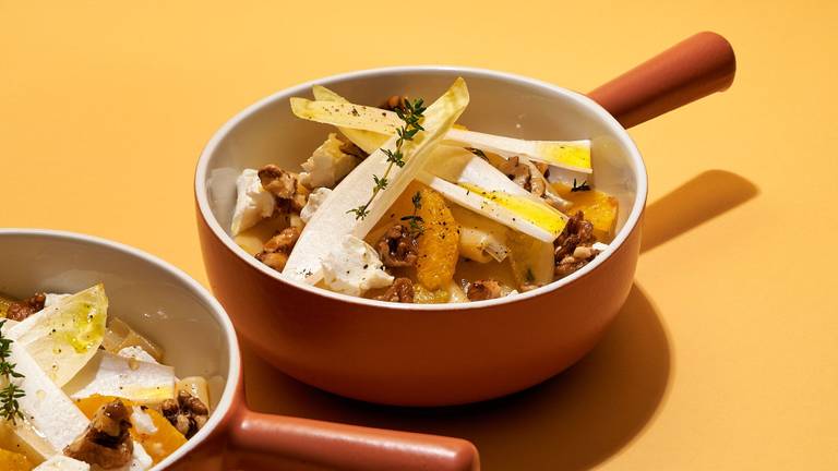 Pasta with Chicory, Orange, Goat Cheese & Candied Walnuts