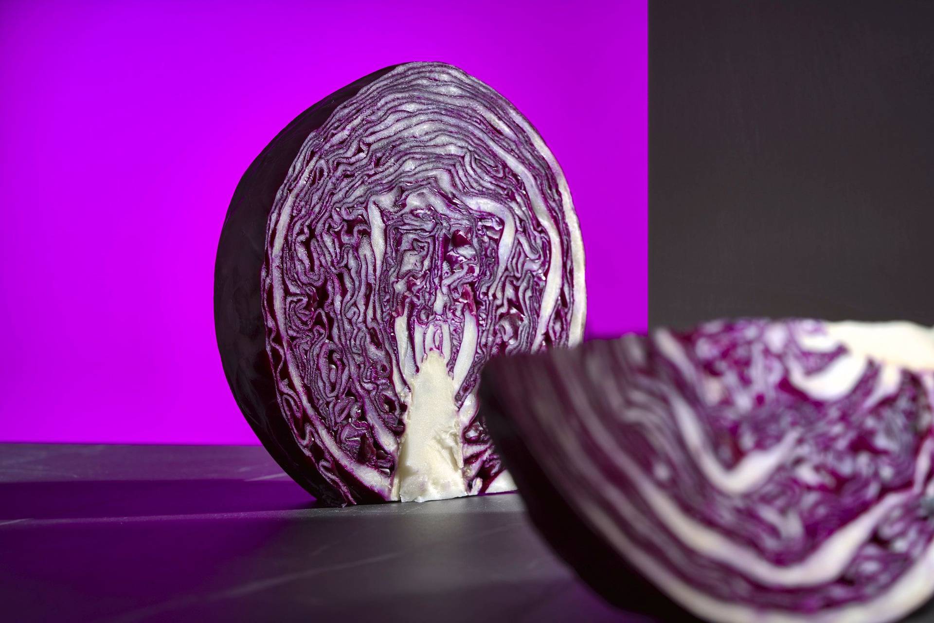 red cabbage on a gray marbled sapienstone top with purple background