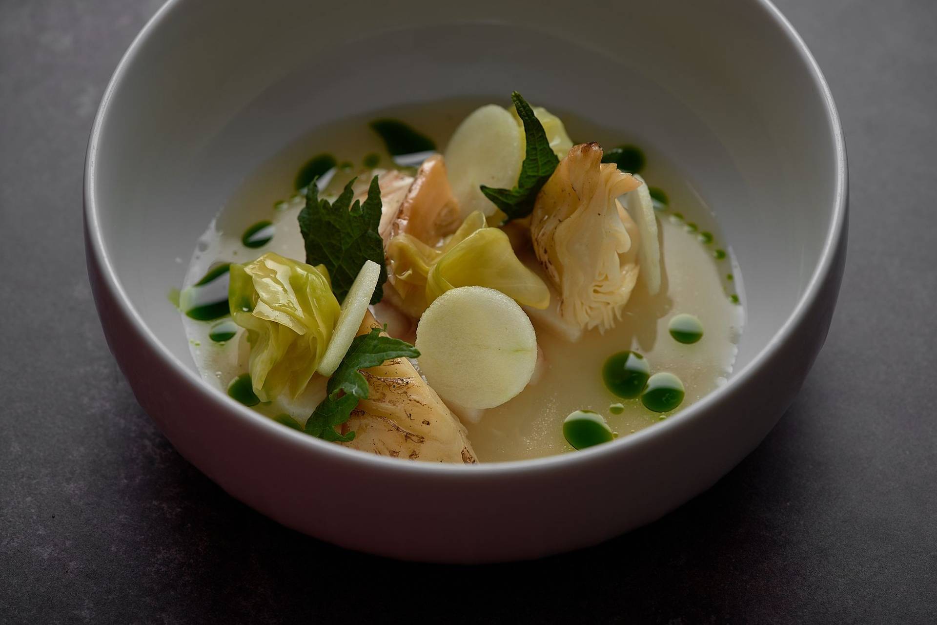 smoked eel pointed cabbage dashi and shiso at le duc salon