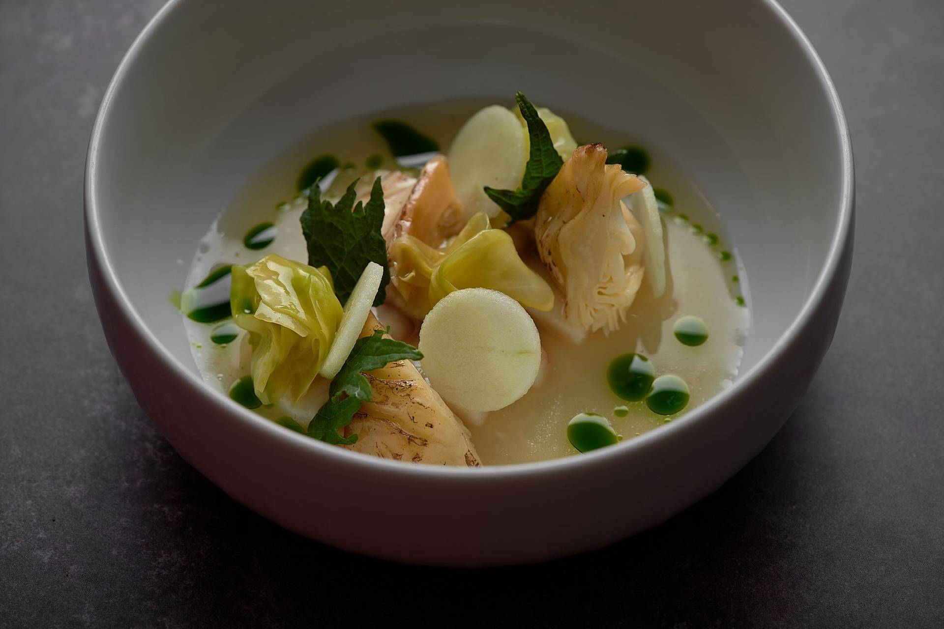 smoked-eel-pointed-cabbage-dashi-and-shiso-at-le-duc-salon smoked eel pointed cabbage dashi and shiso at le duc salon