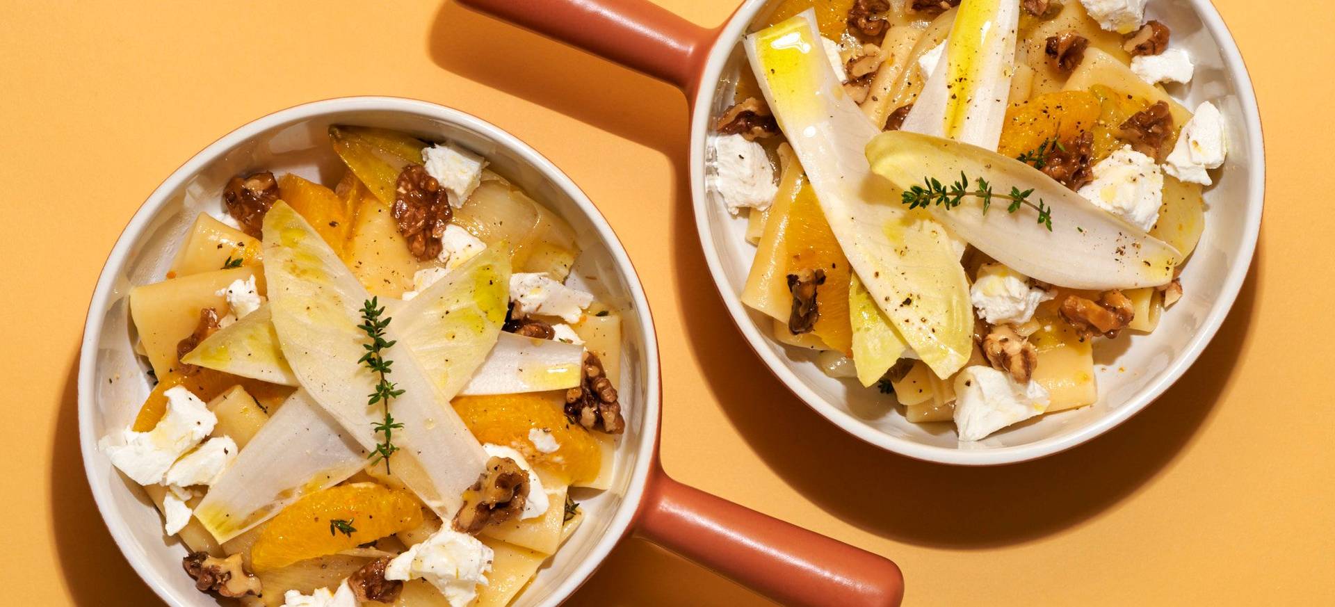 Pasta with Chicory, Orange, Goat Cheese & Candied Walnuts