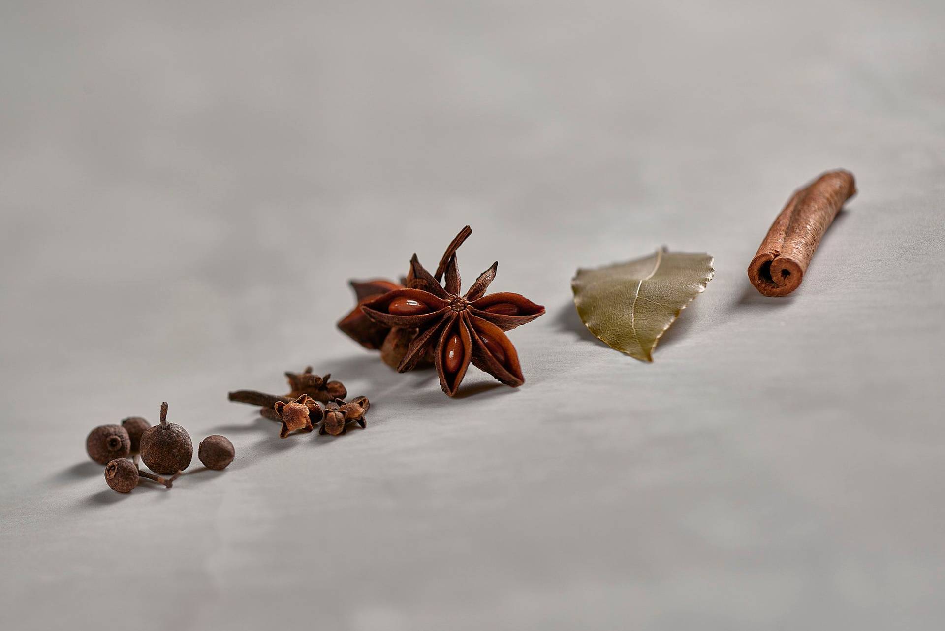 allspice cloves star anise bay leaf and cinnamon on white sapienstone top