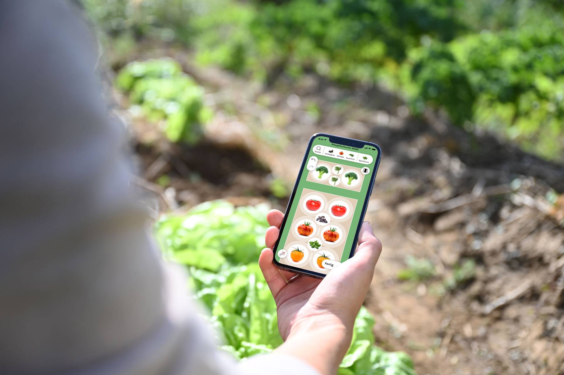 fryd smartphone app in mixed culture vegetable garden