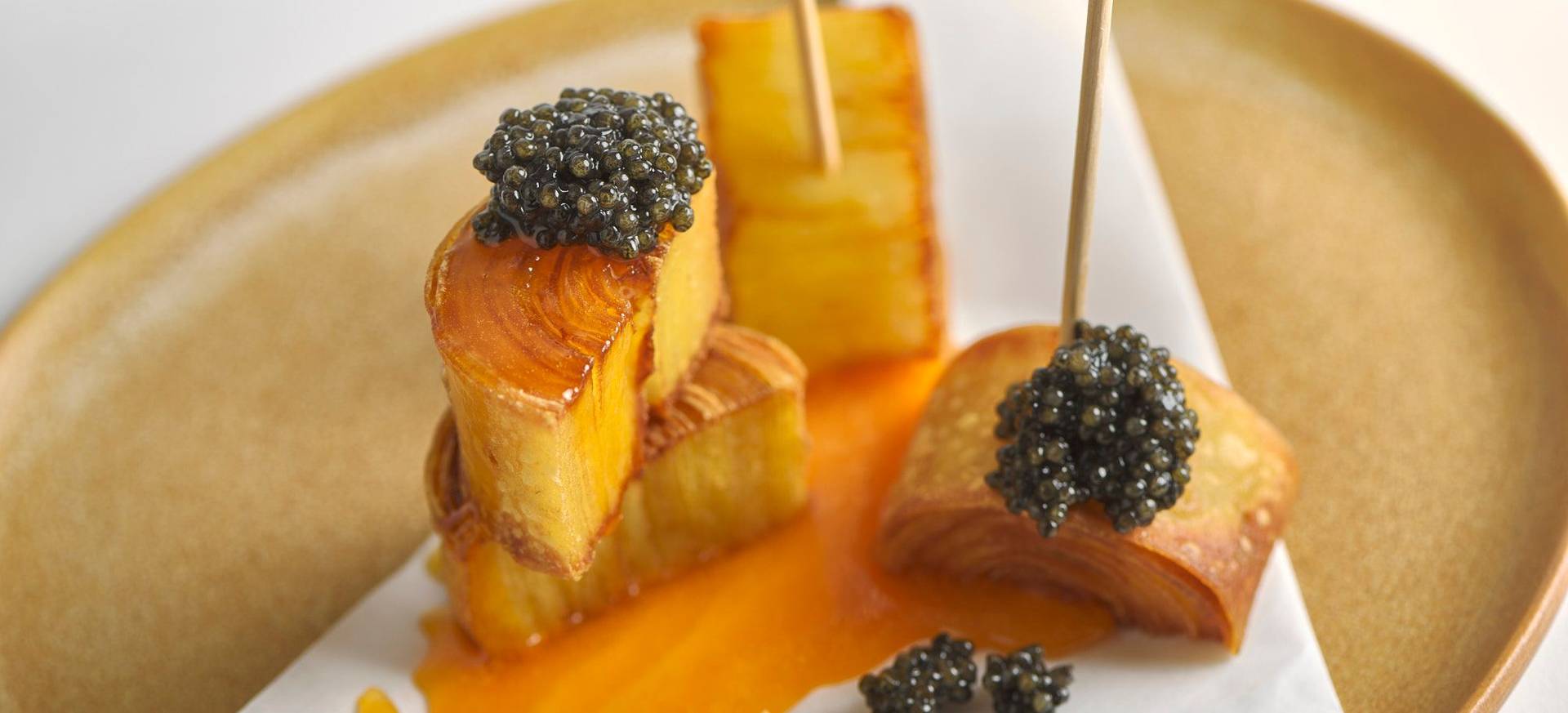 Crispy Potato Swirls with Egg Yolk & Caviar