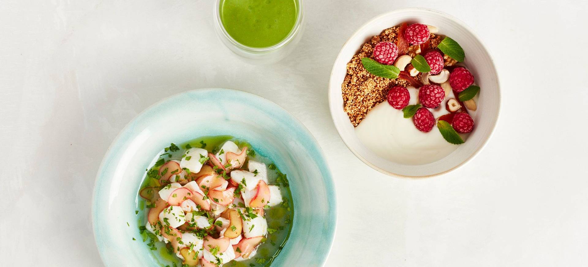 Hangover Breakfast with Sorrel Smoothie, Amaranth Bowl & Rhubarb Ceviche