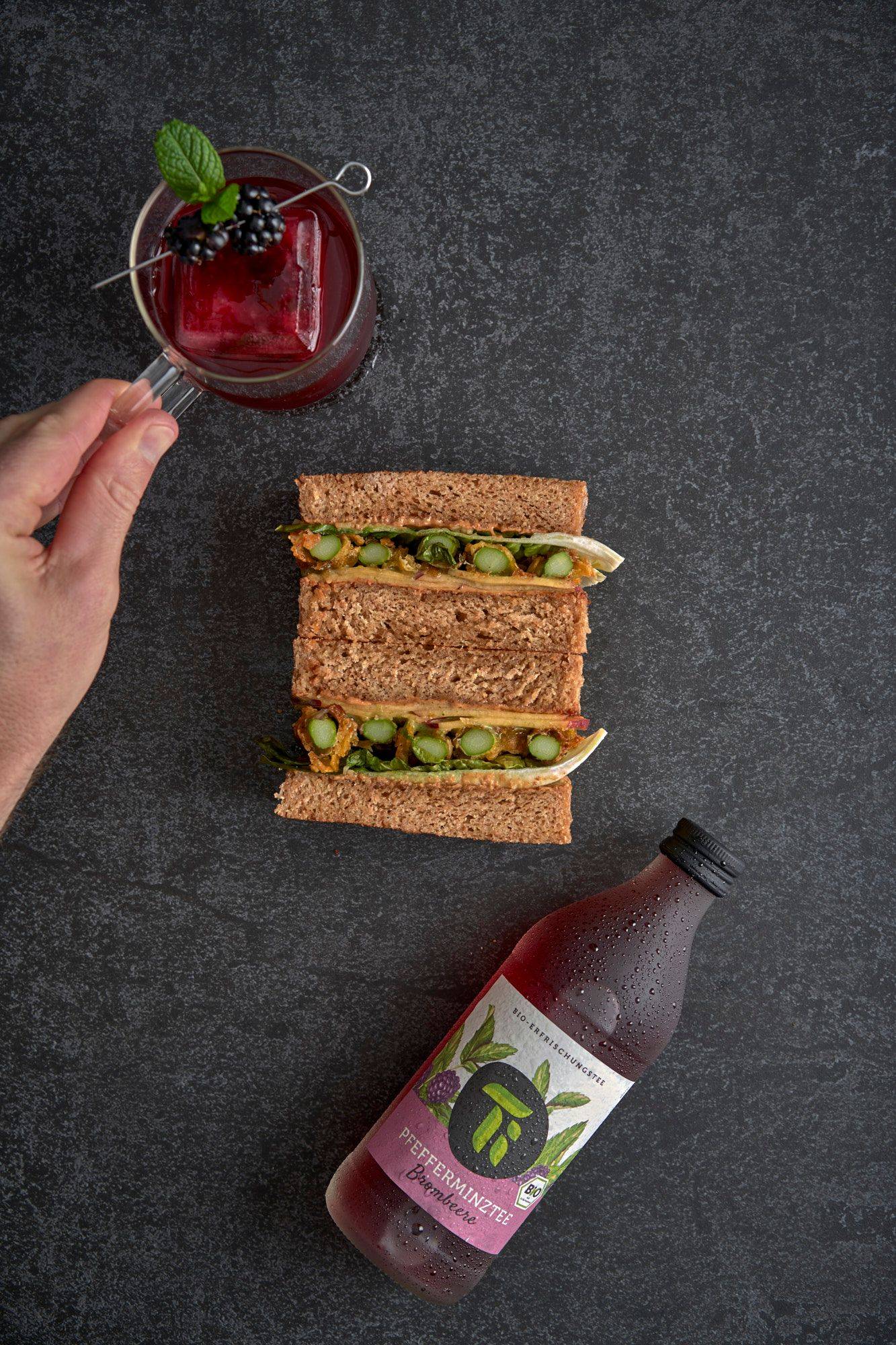 vegetarian asparagus katsu sando with nectarine and mint mayonnaise with ti refreshing tea in home kitchen