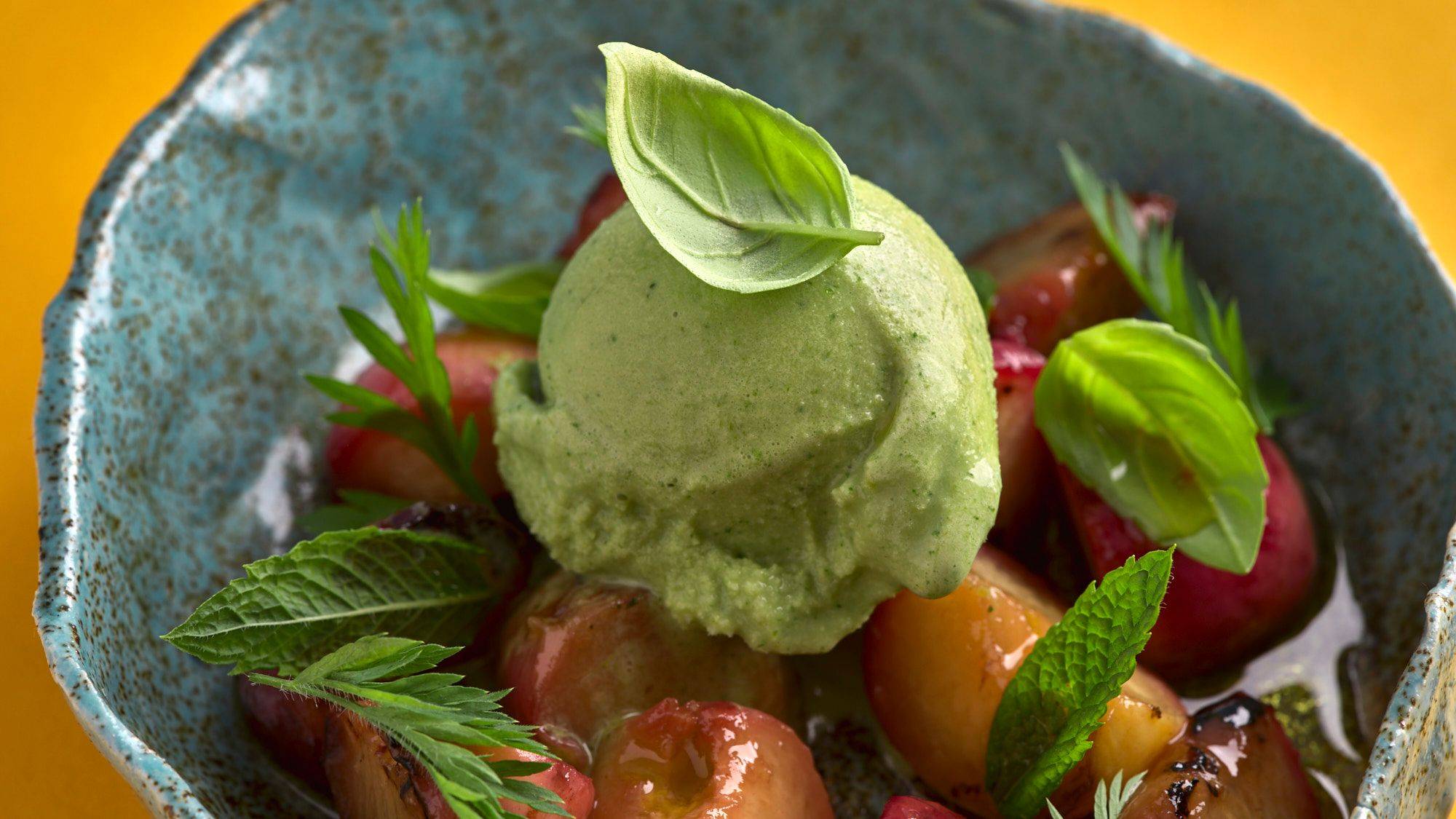 Herbs–Yogurt Ice Cream with Grilled Peaches & Olive Oil