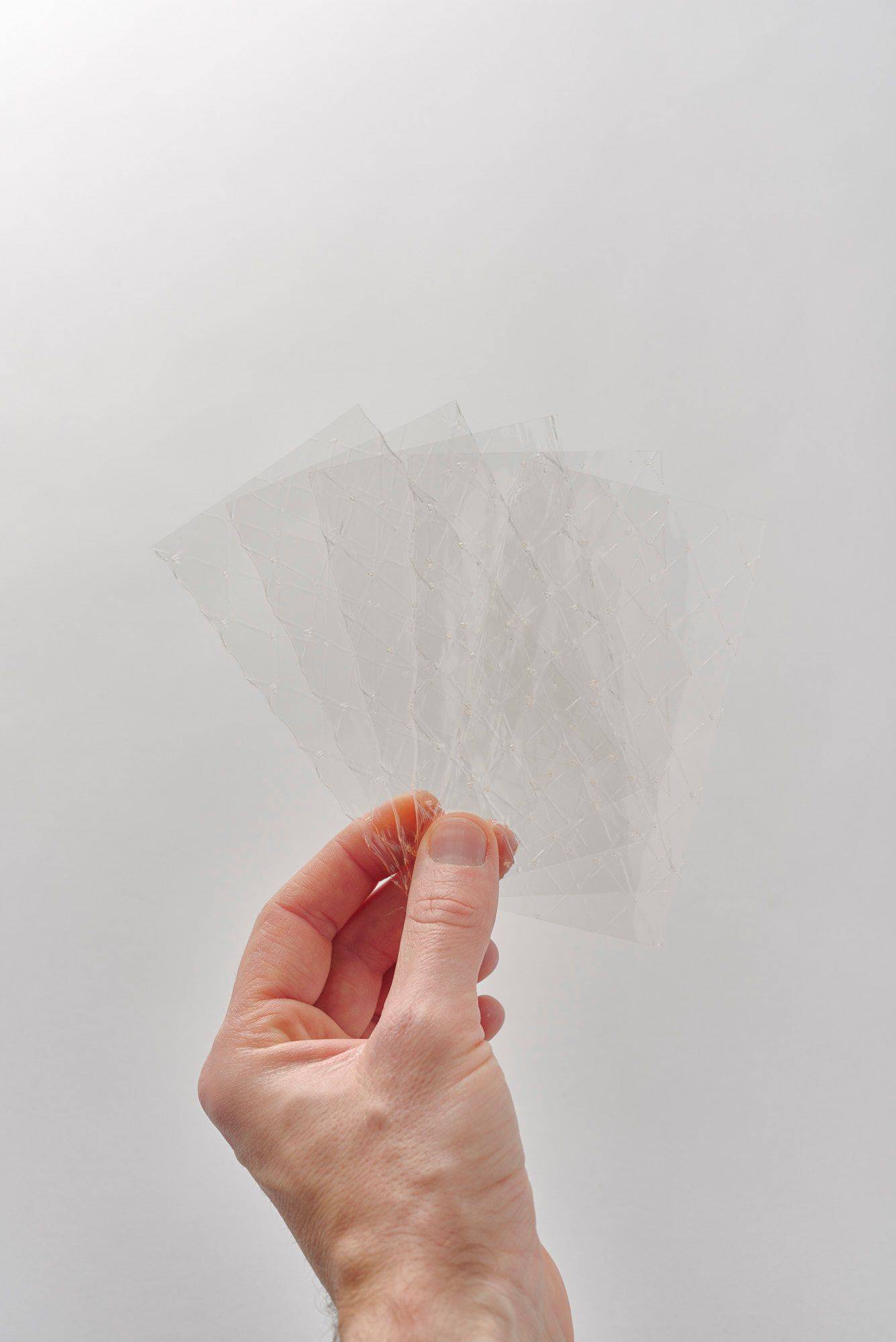 gelatin hand holds five pieces with white background of gelatin