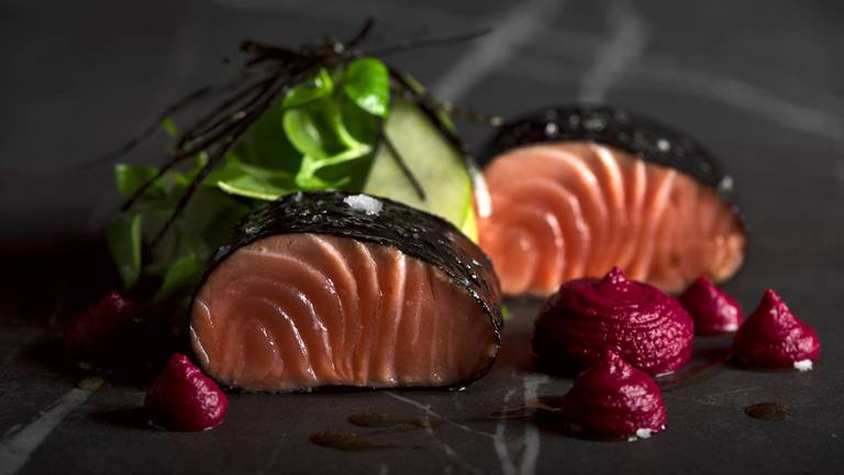 Confit Salmon with Beetroot Hummus