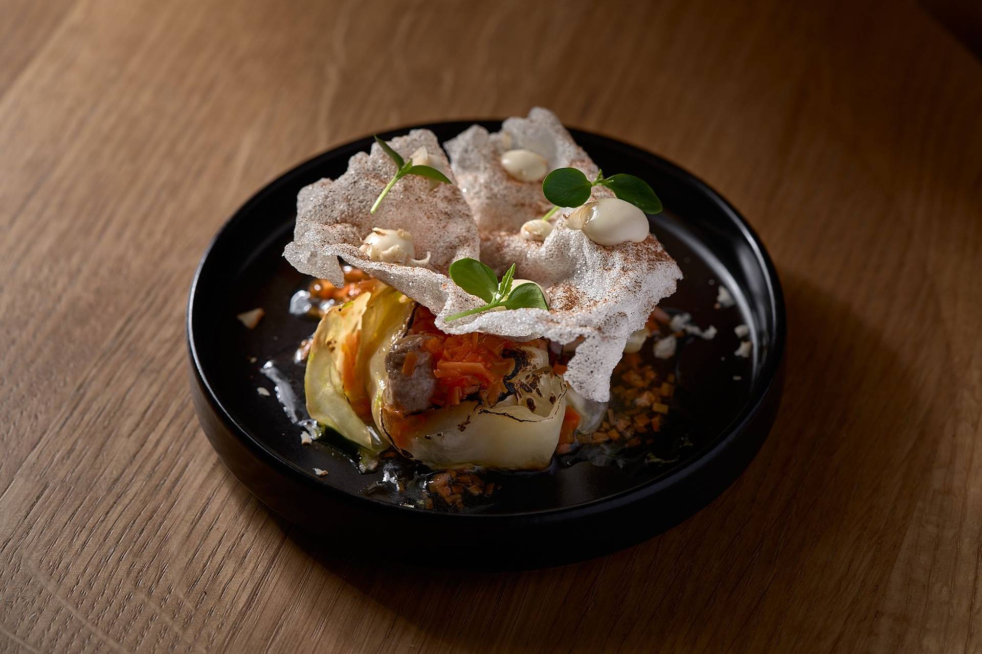 pointed cabbage fermented carrott mushrooms and hazelnut by food photographer and stylist ben donat
