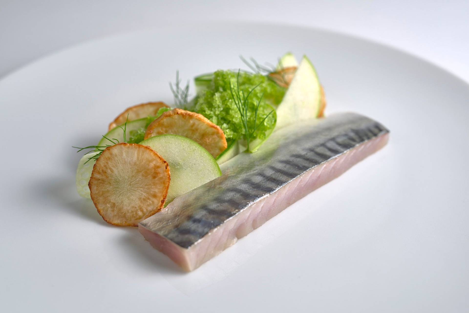 cured mackerel with jerusalem artichokes and dill granita on a white plate with white background