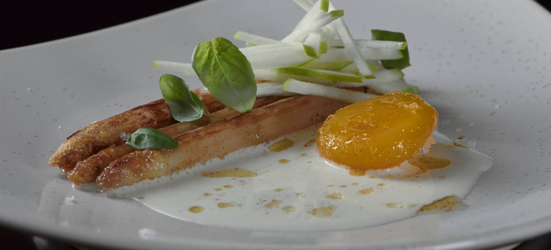 Roasted White Asparagus with Cured Egg Yolk, Basil & Green Apple