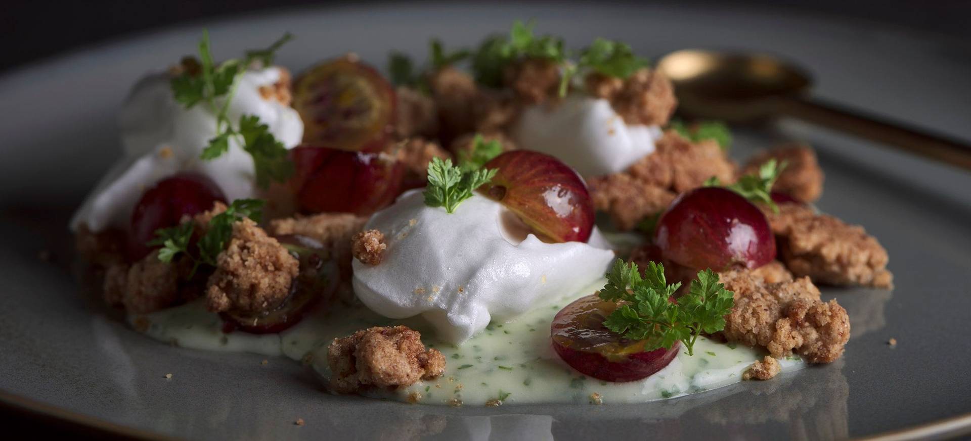 Gooseberry & Spelt Crumble with Chervil Custard