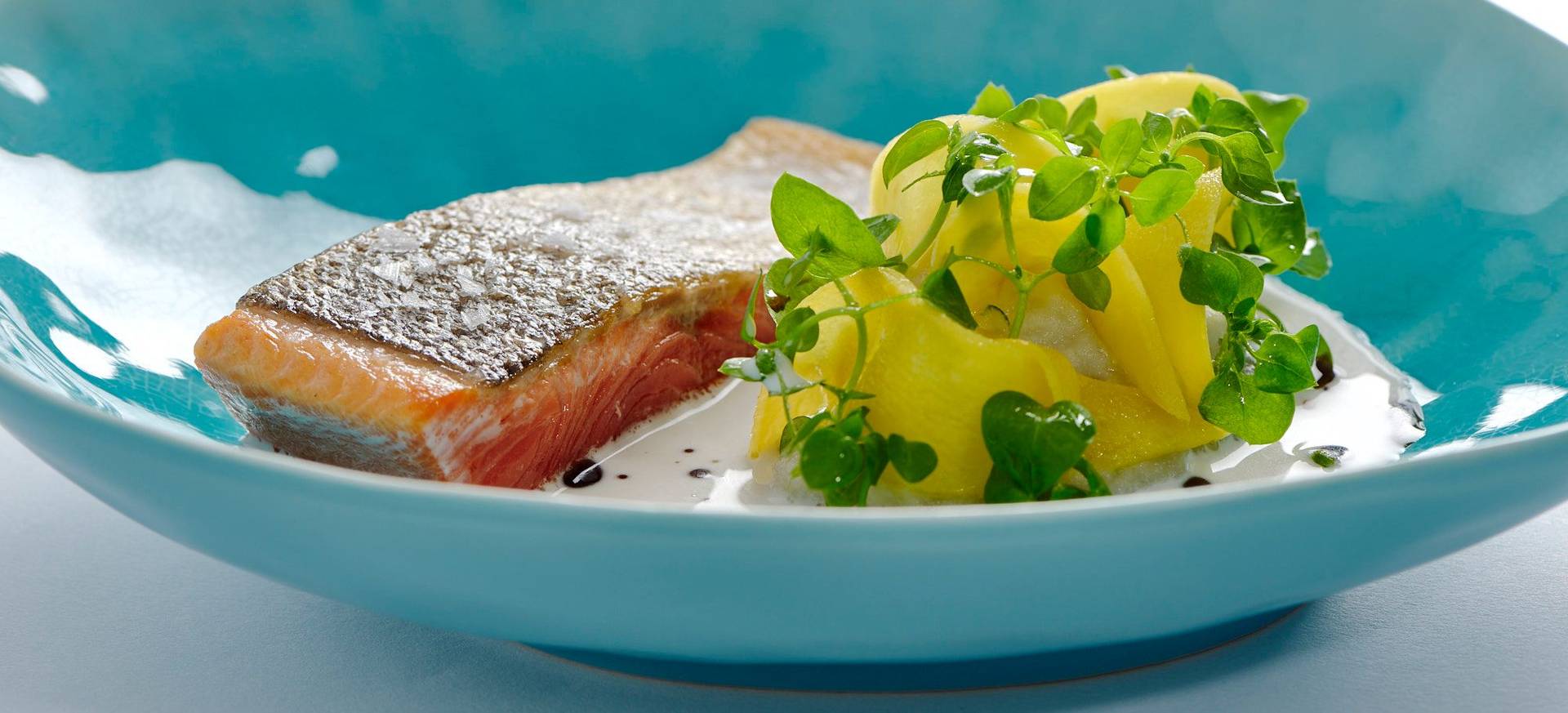 Crispy Salmon with Black Salsify, Coconut Broth & Spiced Coffee