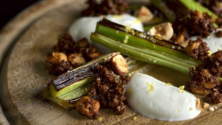 Beer Braised Leek with Pumpernickel & Skyr 