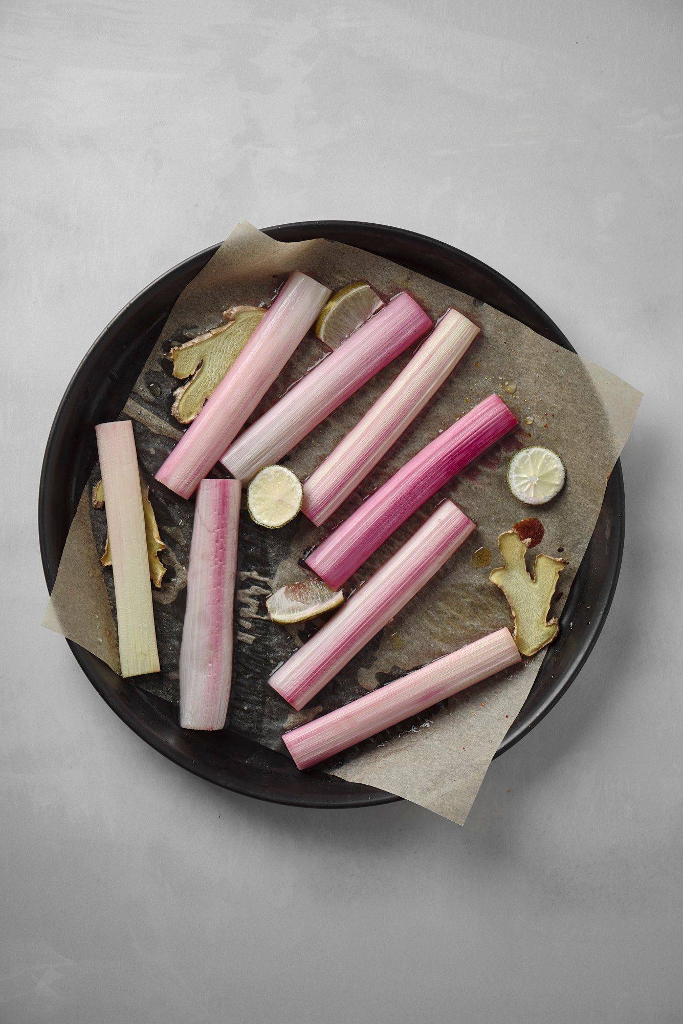 braised rhubarb in a baking pan with sapienstone top