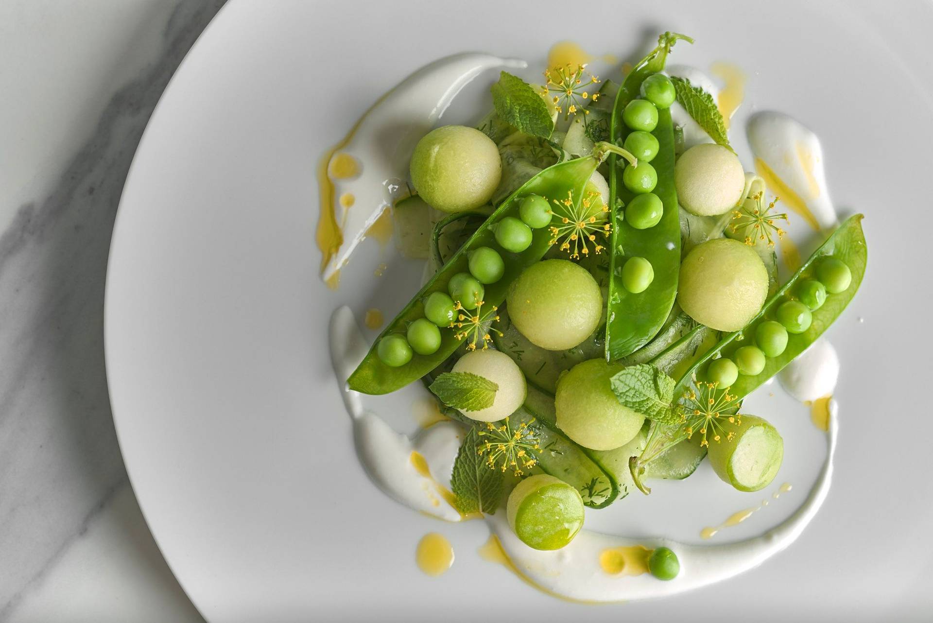 fruchtiger gurkensalat mit melone und leinöl auf einem weißen teller mit marmoriertem sapienstone top