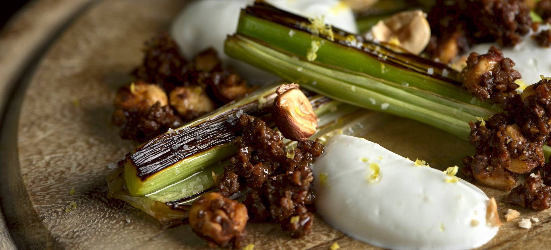 Beer Braised Leek with Pumpernickel & Skyr 