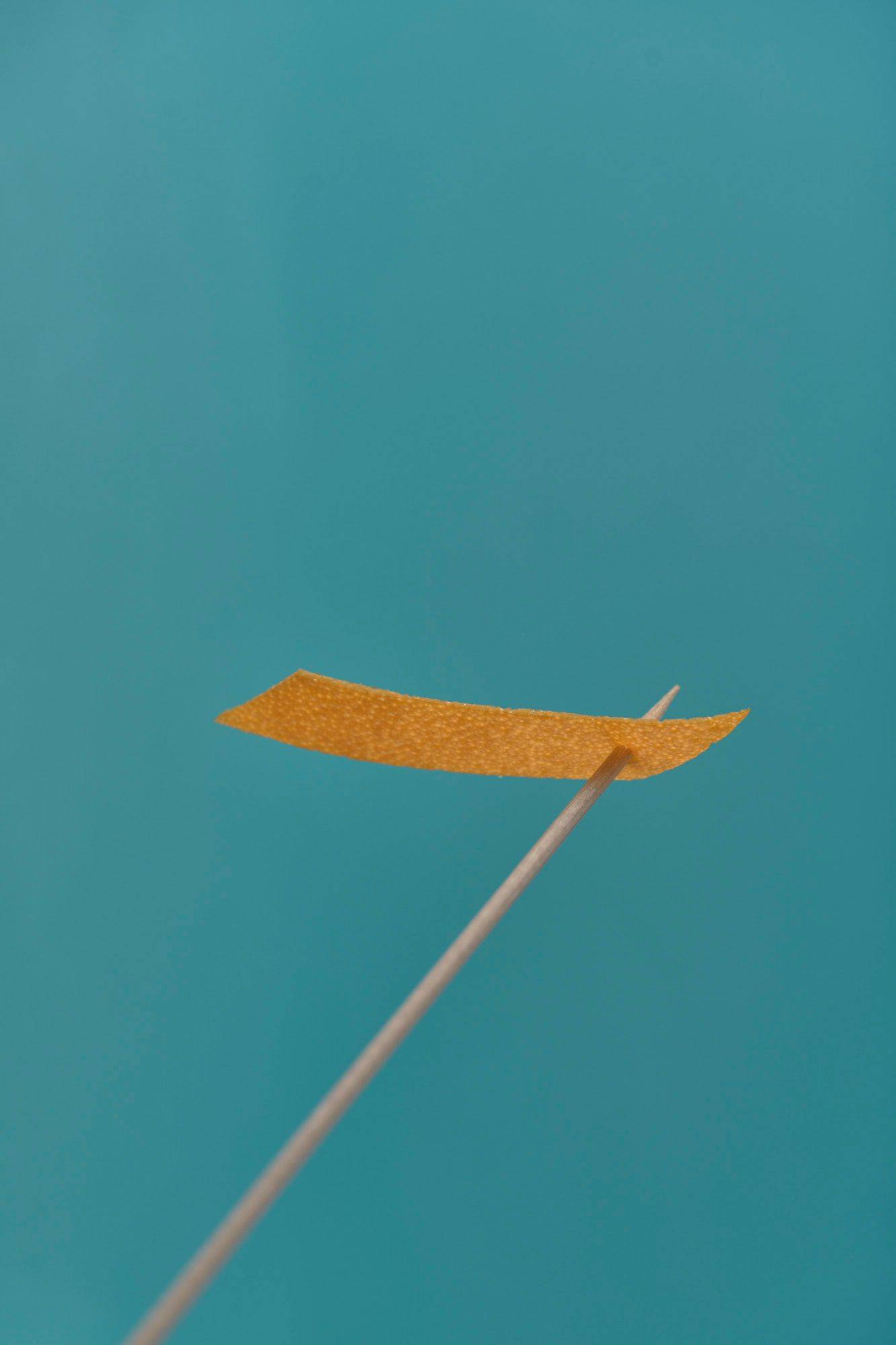 orange zest on a wooden skewer on blue background