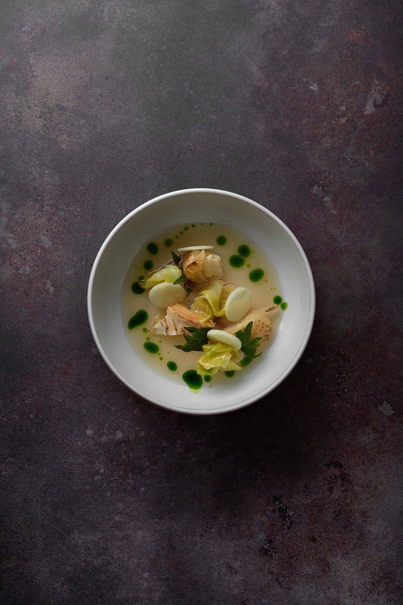 smoked-eel-pointed-cabbage-dashi-and-shiso-at-le-duc-salon smoked eel pointed cabbage dashi and shiso at le duc salon