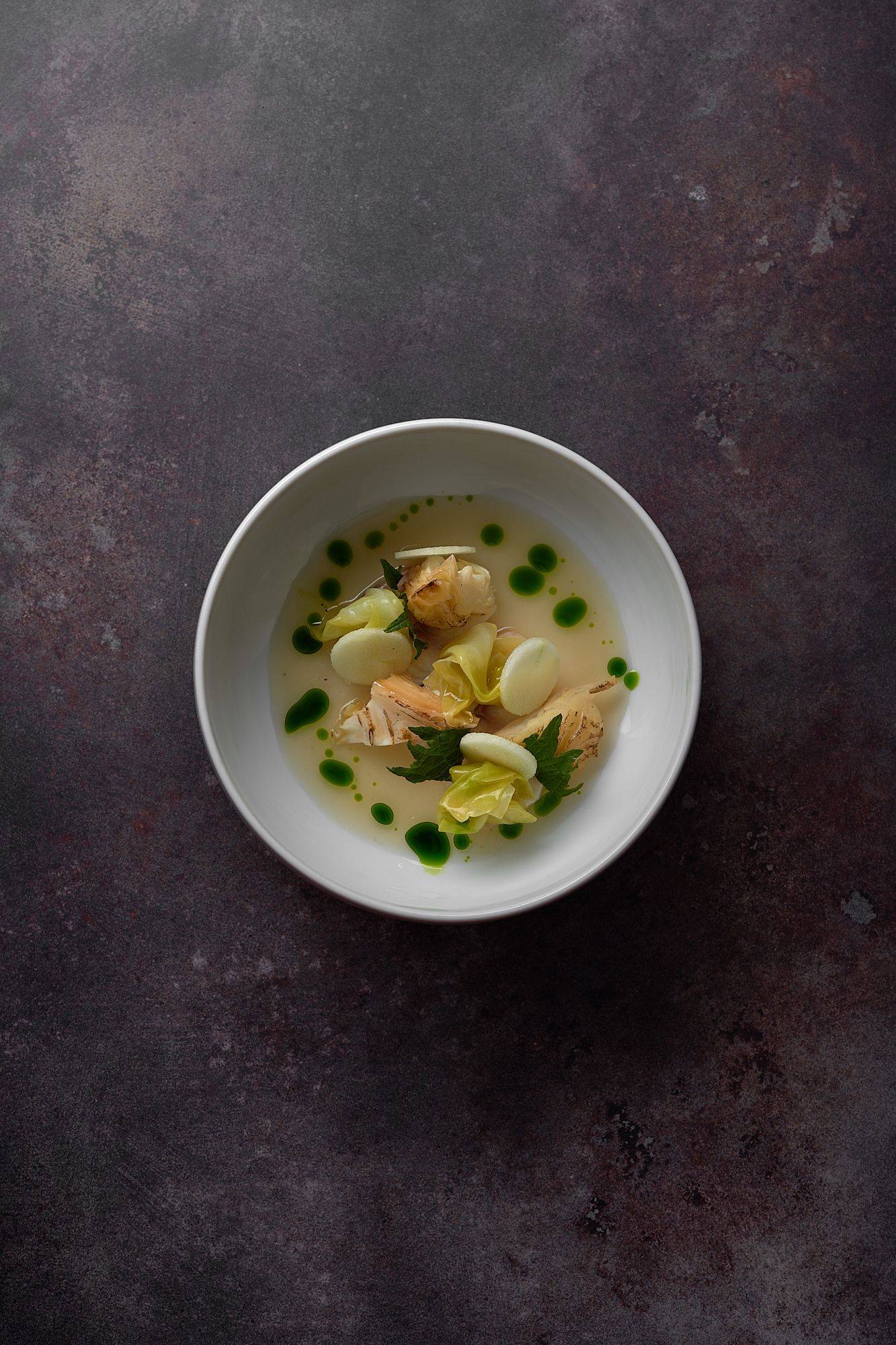 smoked eel pointed cabbage dashi and shiso at le duc salon