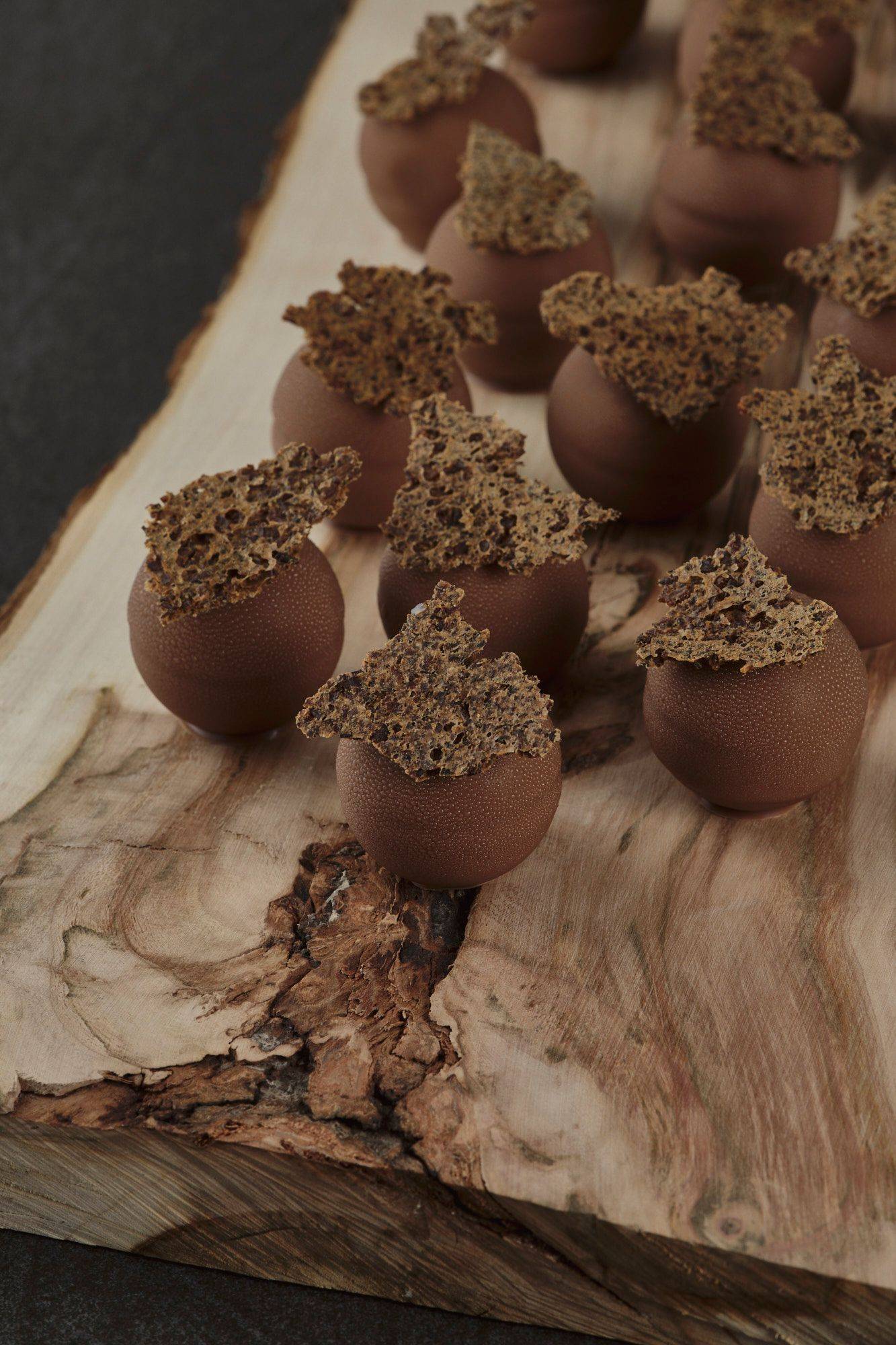 chocolate & rye truffle pralines on a wooden board with gray sapienstone top