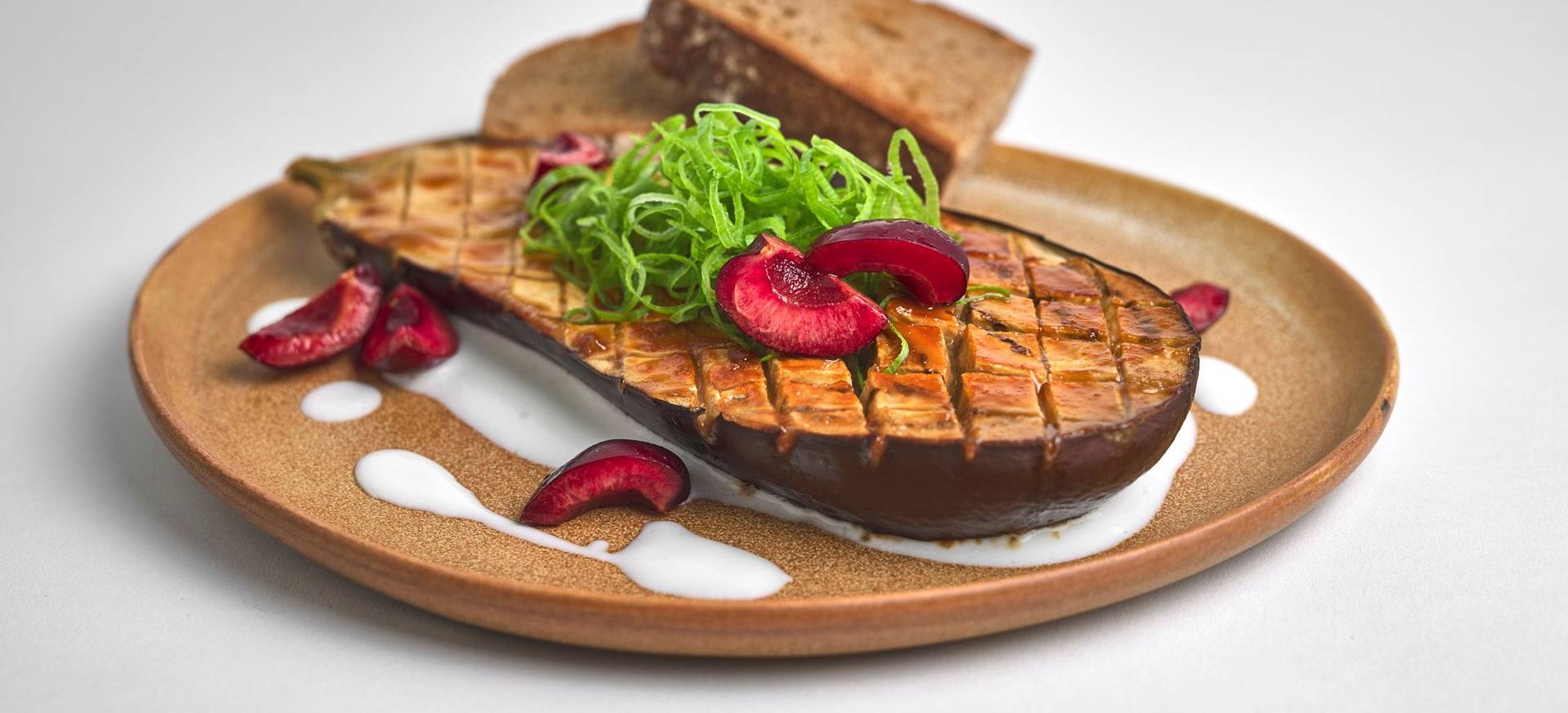 Miso Roasted Eggplant with Kefir, Cherries & Sourdough Bread