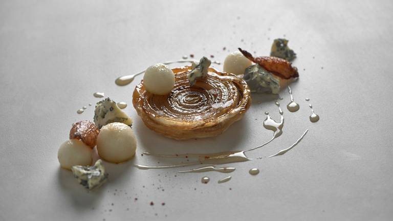 Onion Tarte Tatin with Blue Cheese & Pear 