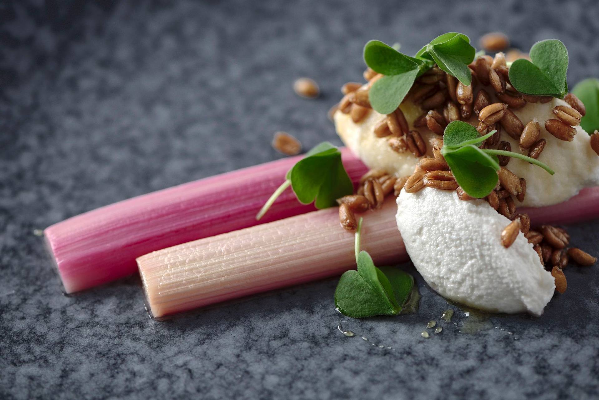 geschmorter rhabarber mit veganem ricotta dinkelpops und sauerklee auf einem blauen teller