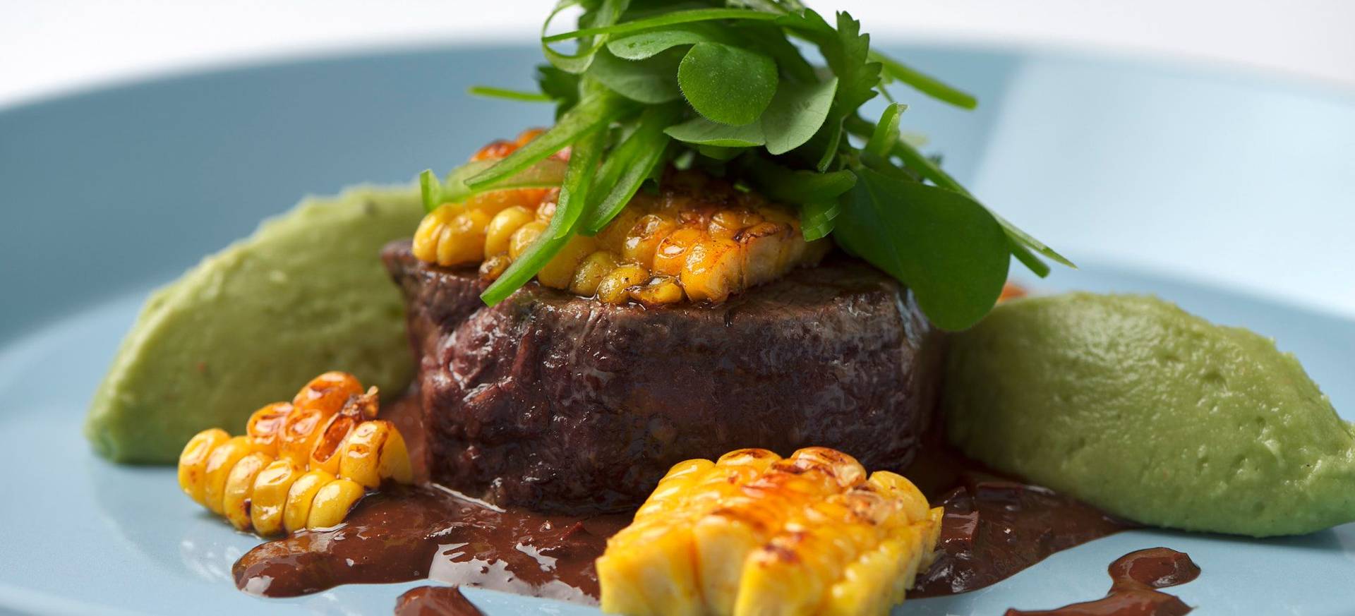 Beef Tenderloin with Dark Beer Mole, Corn & Guacamole