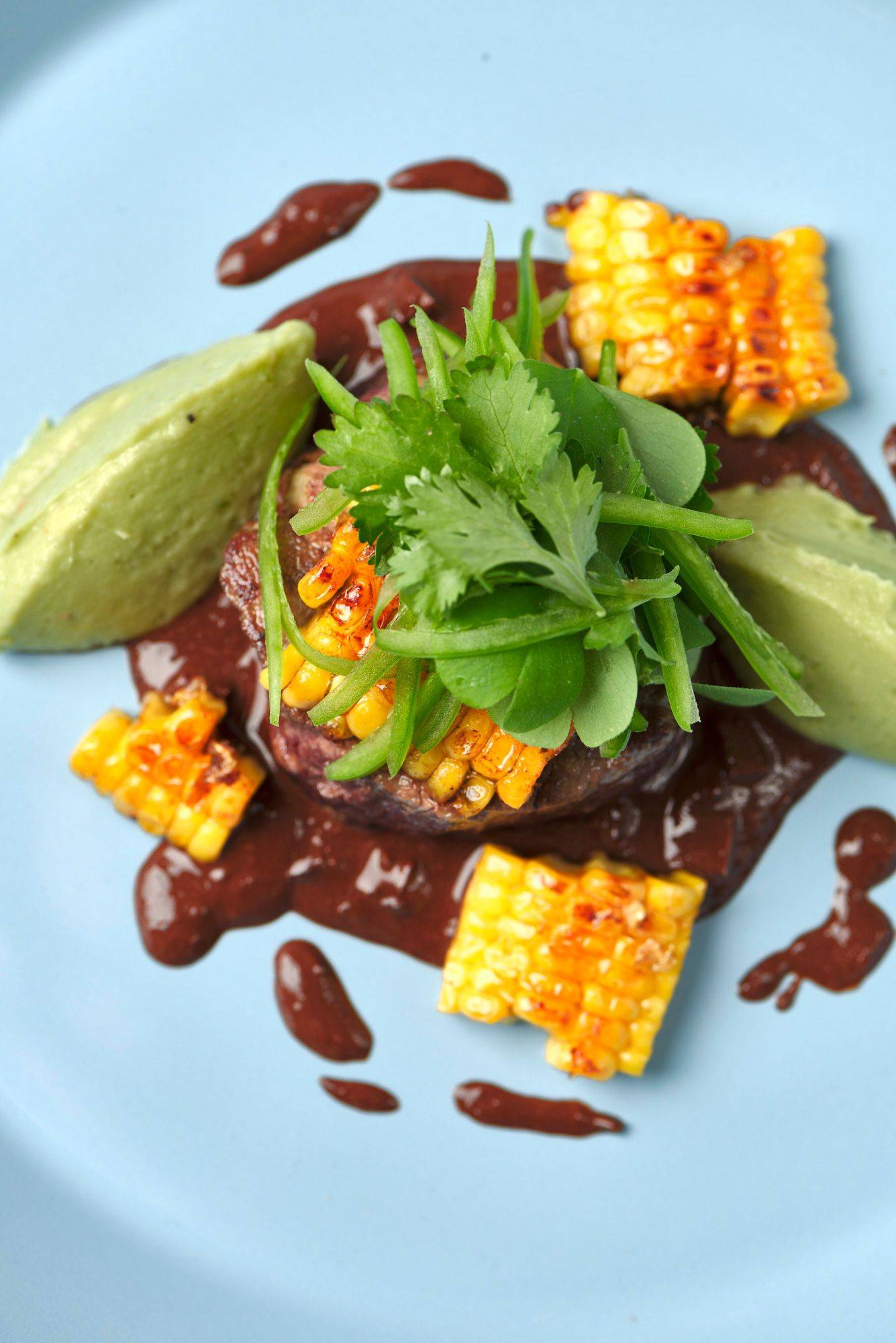 beef steak with dark beer mole sauce corn and guacamole on a blue plate