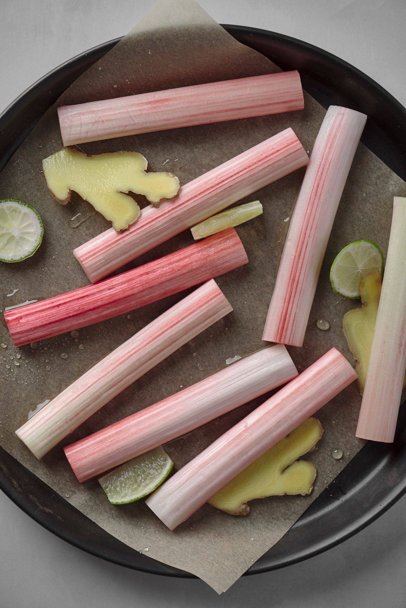 braised rhubarb in a baking pan with sapienstone top