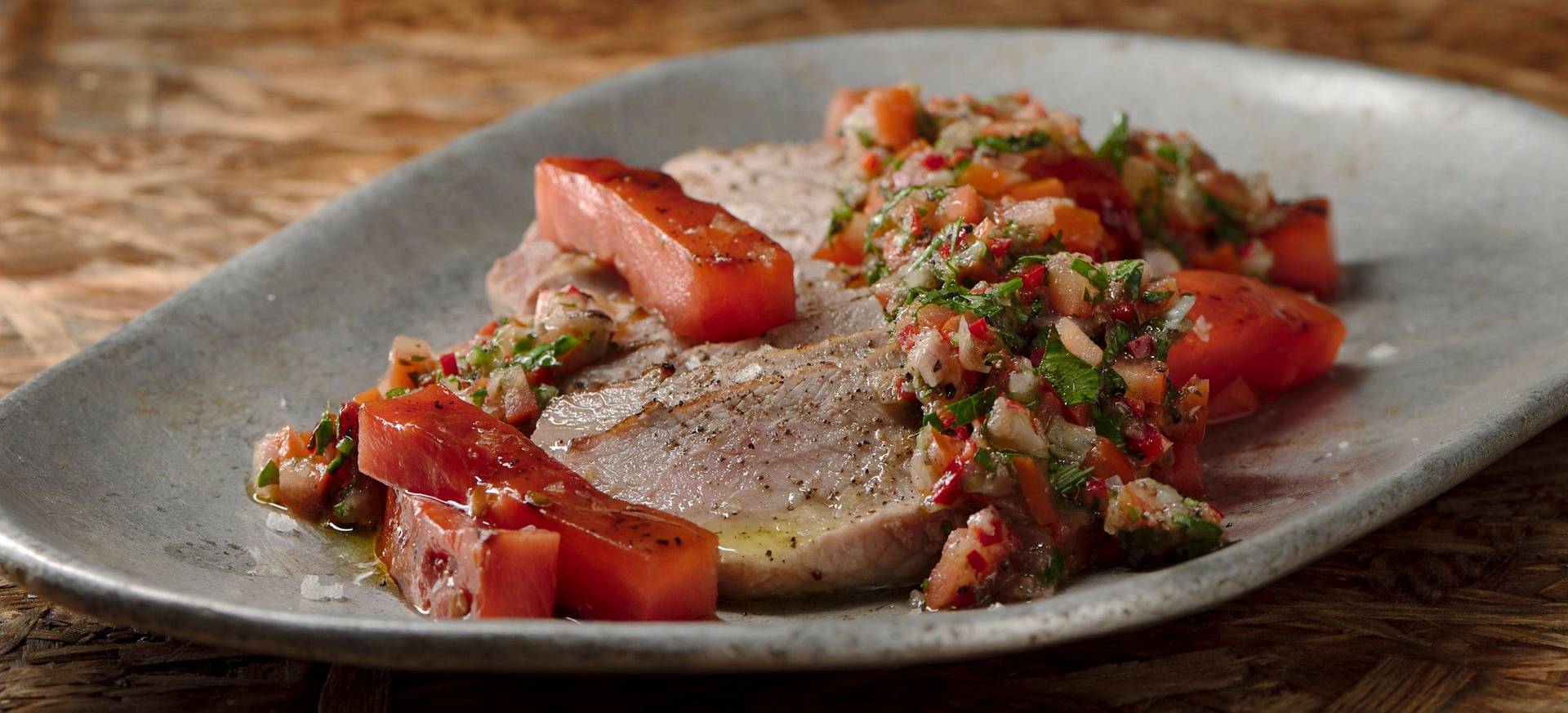 Pork Secreto with Grilled Watermelon & Chimichurri Salsa