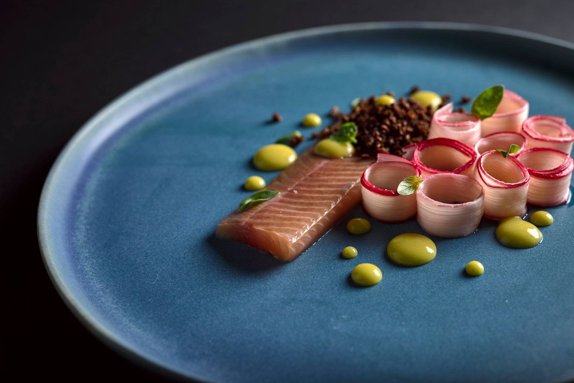 basil and orange cured char with rhubarb and tea mayonnaise on a blue plate with black background