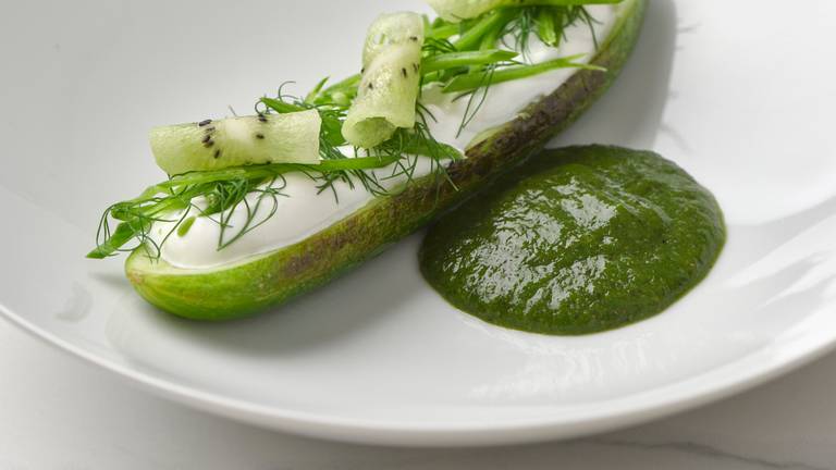 Charred Cucumber with Kiwi Salsa, Skyr & Dill