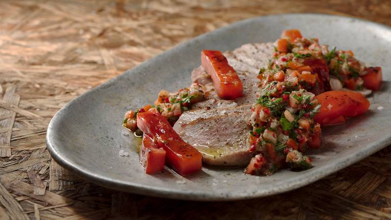 Pork Secreto with Grilled Watermelon & Chimichurri Salsa