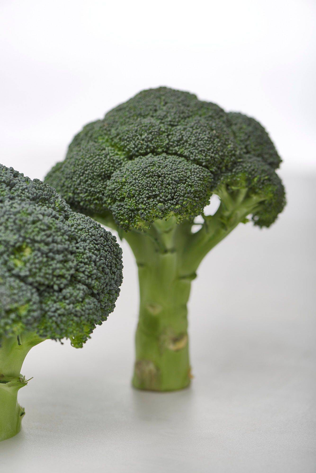 two broccolies on a white sapienstone top