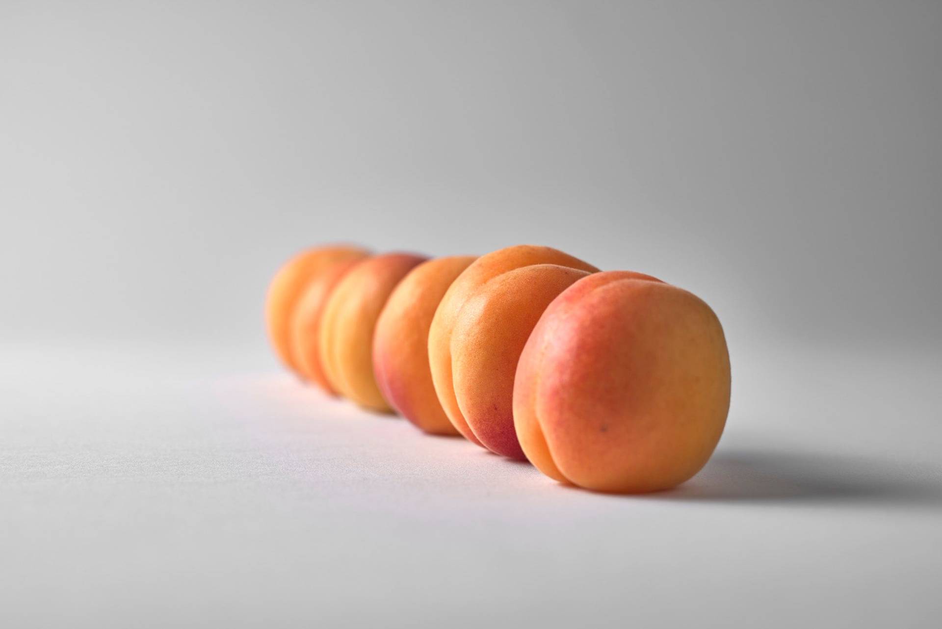 five apricots in a row on white background