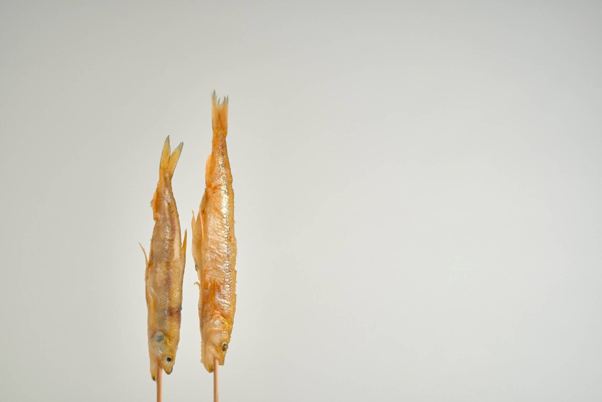 two skewered crispy smelt fish on white background