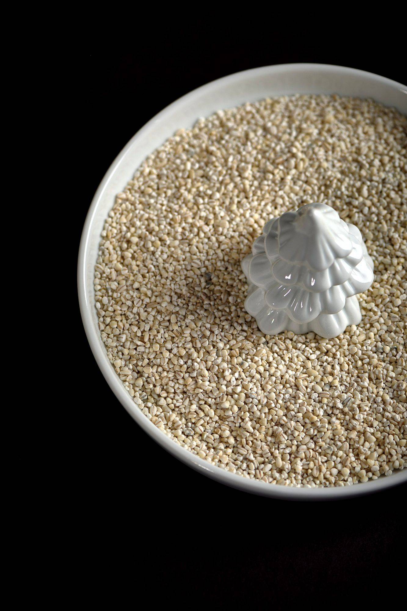 pearl barley on a white christmas plate with black background