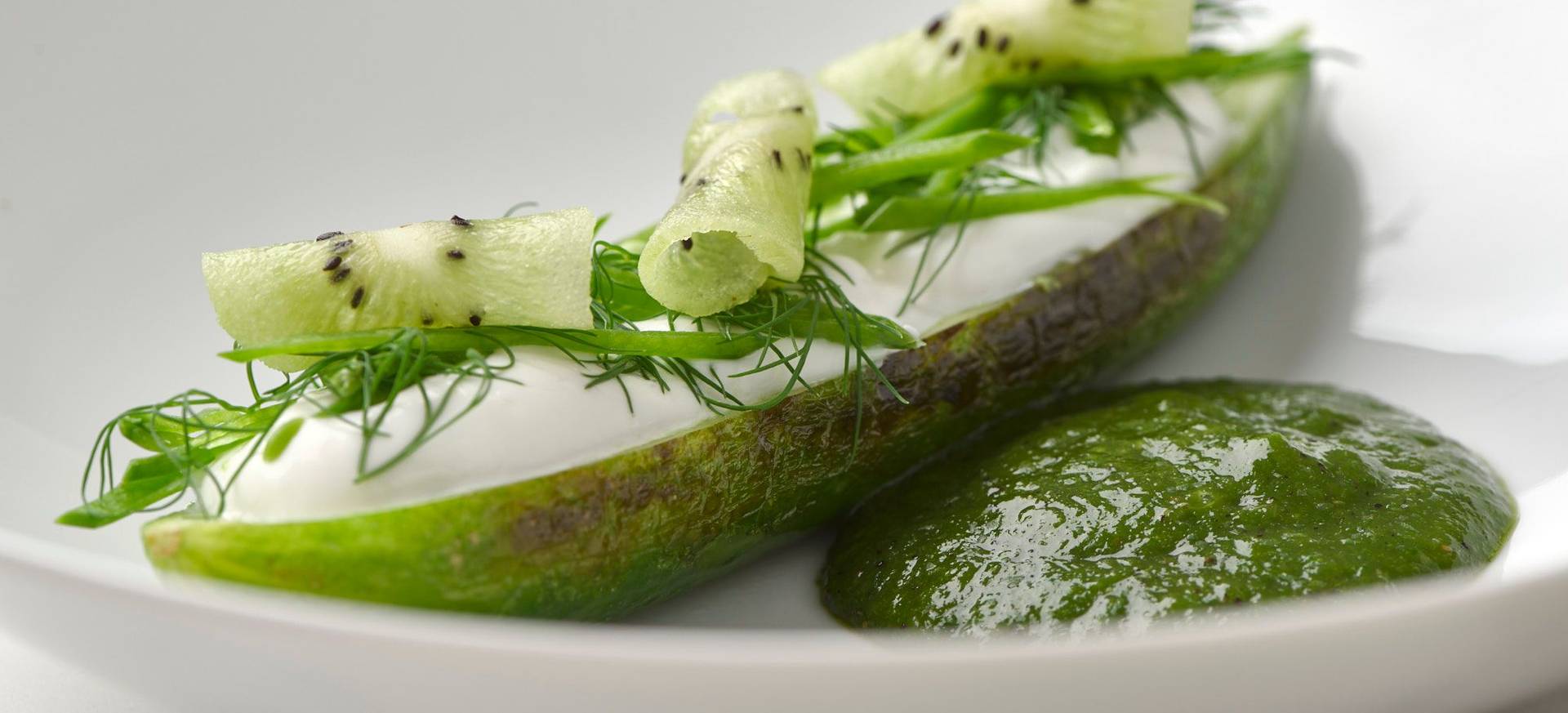 Charred Cucumber with Kiwi Salsa, Skyr & Dill